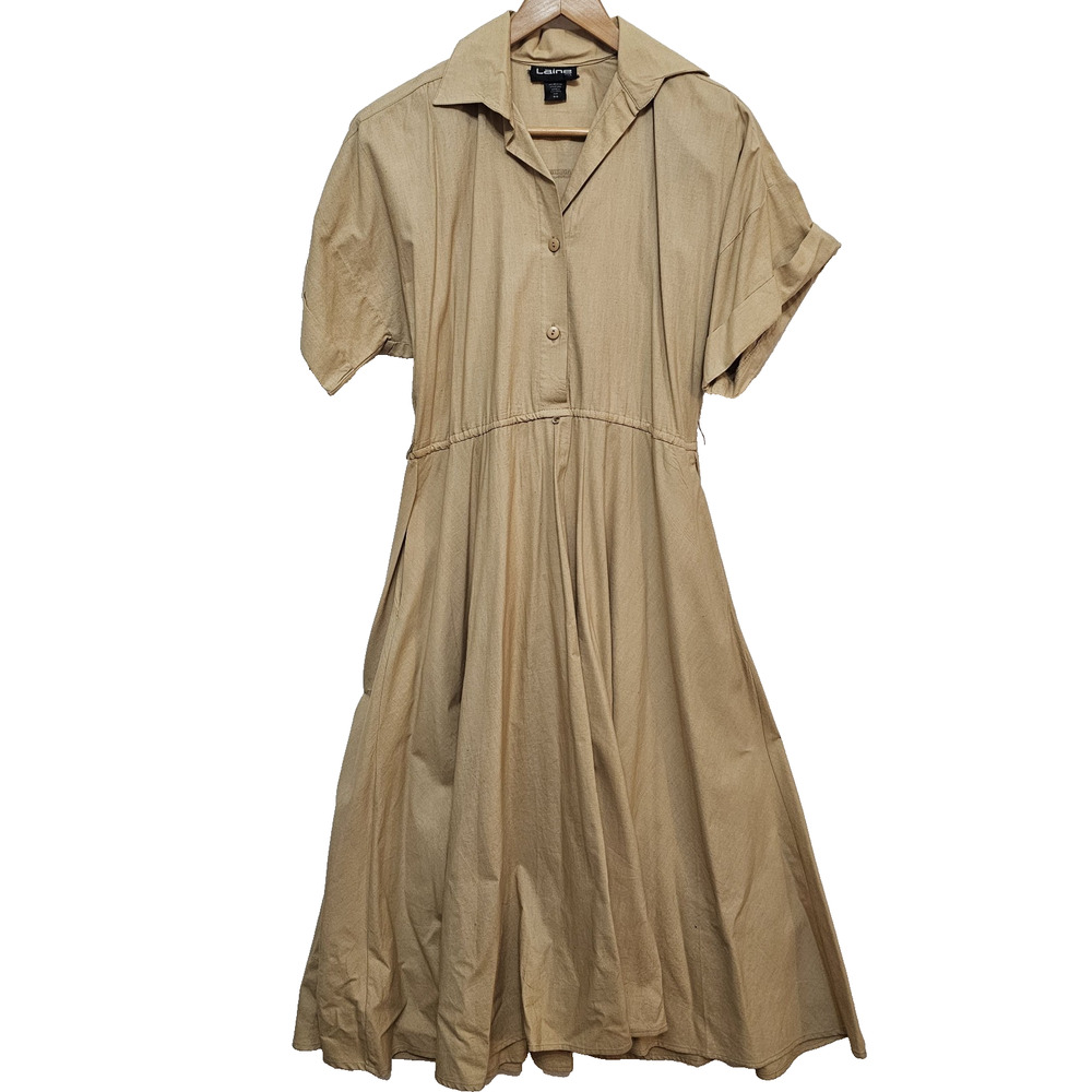 Vtg Womens Dress 10 Midi 100% Cotton Button Down Collared Tan Minimalist Cottage